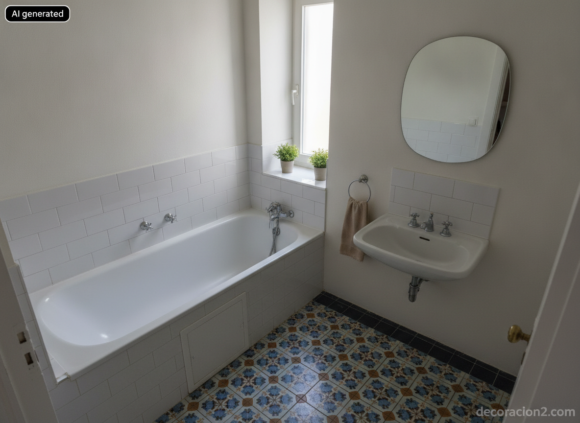 Baño pequeño de piso antiguo con bañera empotrada, faldón alicatado y registro de inspección visible