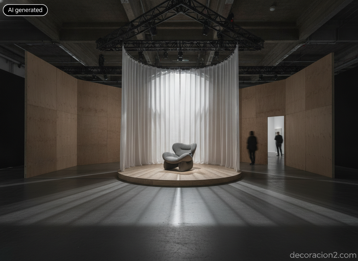 Instalación escenográfica efímera con paneles de madera y cortinas translúcidas iluminada con focos en una muestra de interiorismo