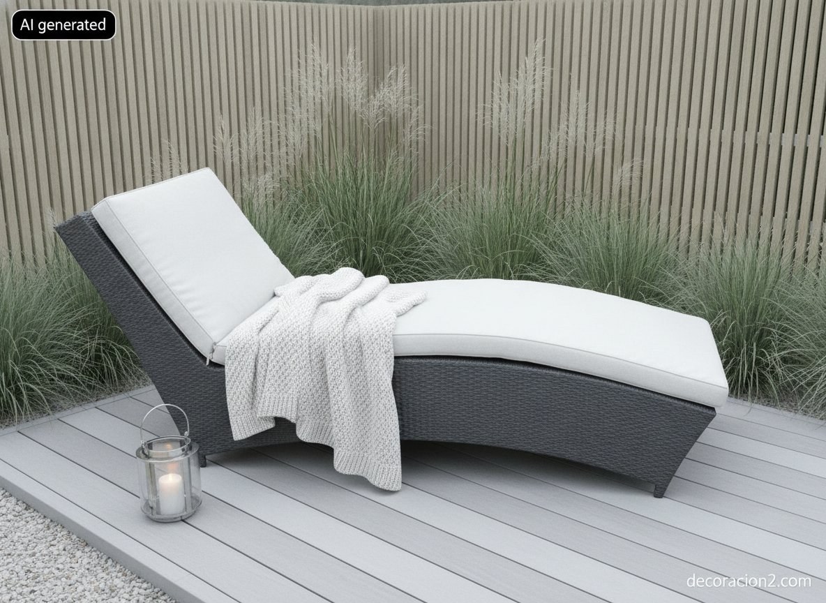 Chaise longue curva en resina grafito con cojín crudo en un rincón de jardín nórdico con celosía de madera
