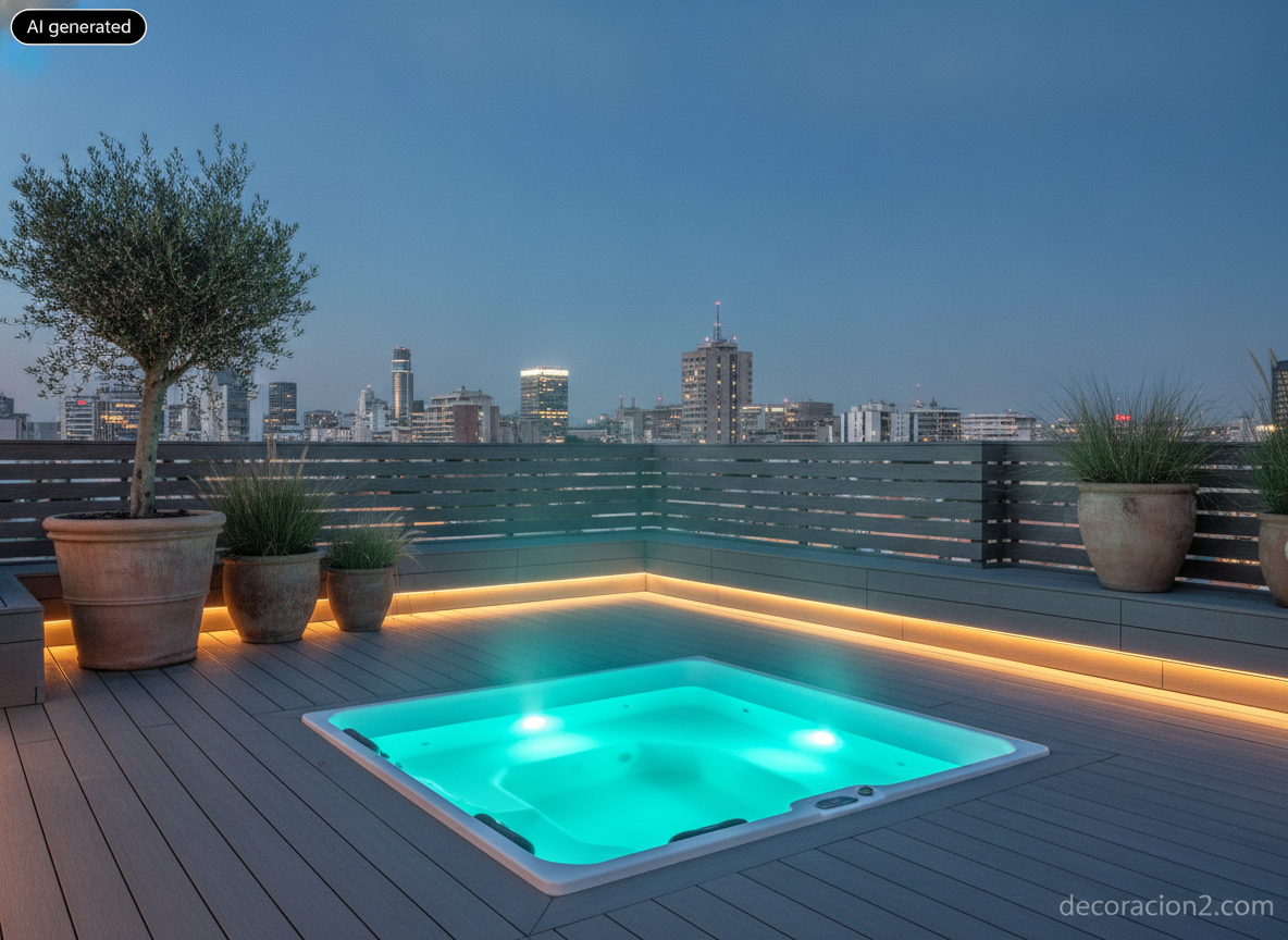 Spa en casa: guía real para montar un baño con hidromasaje (peso, agua caliente, precios y mantenimiento) 4 Minipiscina de hidromasaje de cuatro plazas integrada en una terraza de madera al anochecer