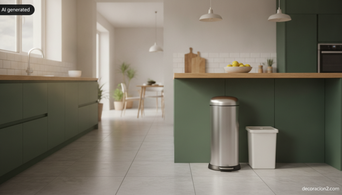 Realistic interior design photography of a bright contemporary kitchen, wide shot, matte deep green lower cabinets with li... Cocina contemporánea con un cubo de basura de diseño en acero inoxidable junto a la isla
