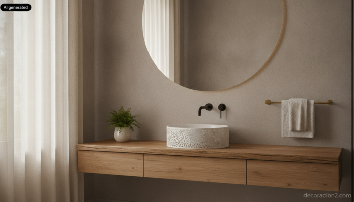 Baño moderno con lavabo redondo decorativo de corte láser sobre encimera de roble y espejo circular