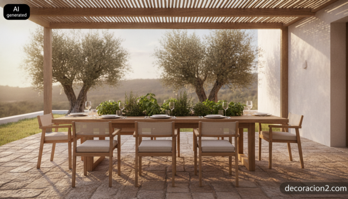 Mesa de exterior con jardinera central de teca puesta para cenar en una terraza mediterránea bajo pérgola