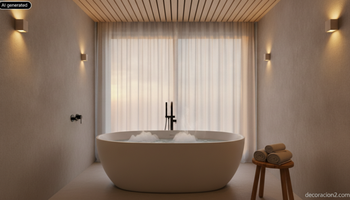 Realistic interior design photography, wide shot of a modern spa-style home bathroom at dusk, freestanding white acrylic h... Baño convertido en spa en casa con bañera exenta de hidromasaje humeante y luz cálida al atardecer