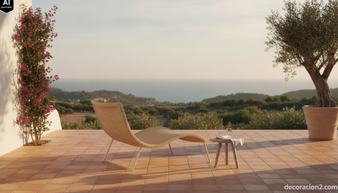 Sillón de exterior con forma de media luna en resina tejida color arena sobre una terraza mediterránea al atardecer