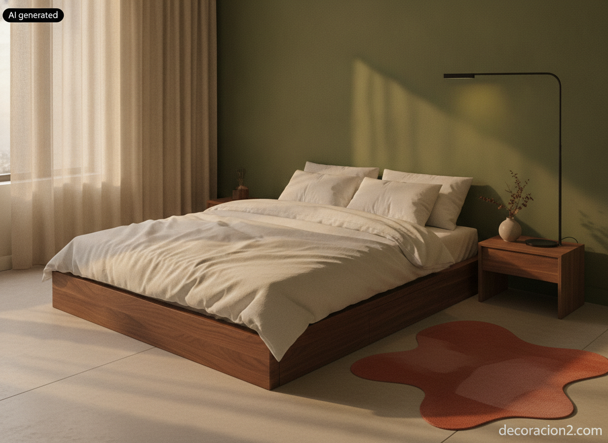 Alfombras originales: guía para elegir formas divertidas sin que canten 6 Dormitorio de paredes verde oliva con alfombra de forma irregular en tonos terracota junto a la cama