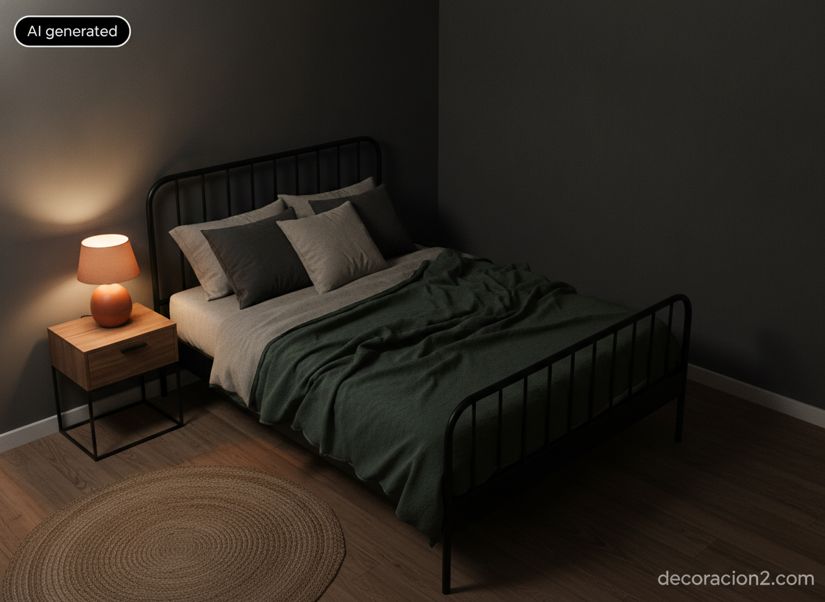 Rebajas de enero en Zara Home: qué comprar, qué evitar y cómo aprovecharlas 10 Dormitorio de tonos oscuros con funda nórdica de lino verde y mesilla de madera maciza