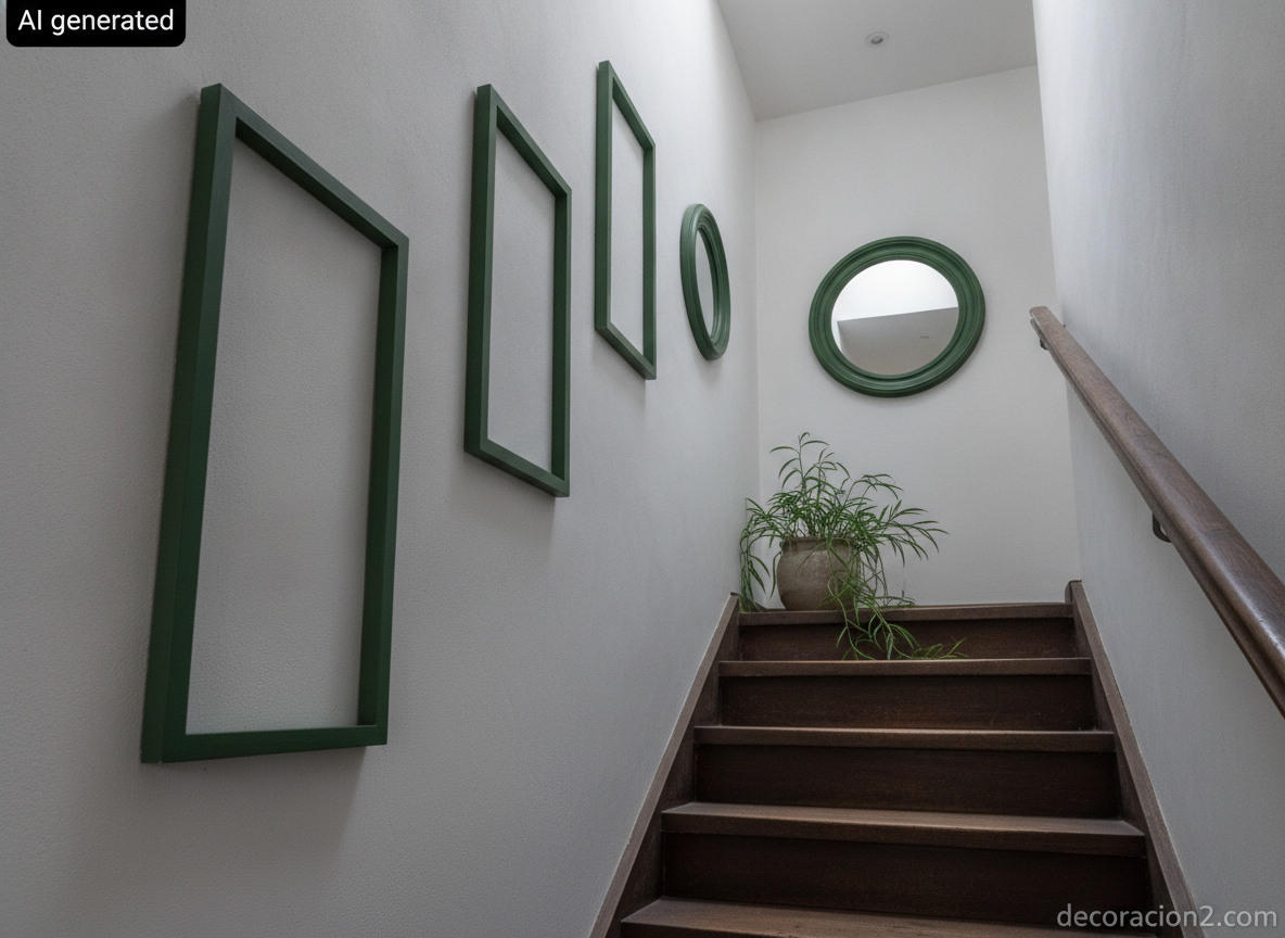 Tres marcos verticales pintados en verde bosque colgados en la pared de una escalera de estilo nórdico