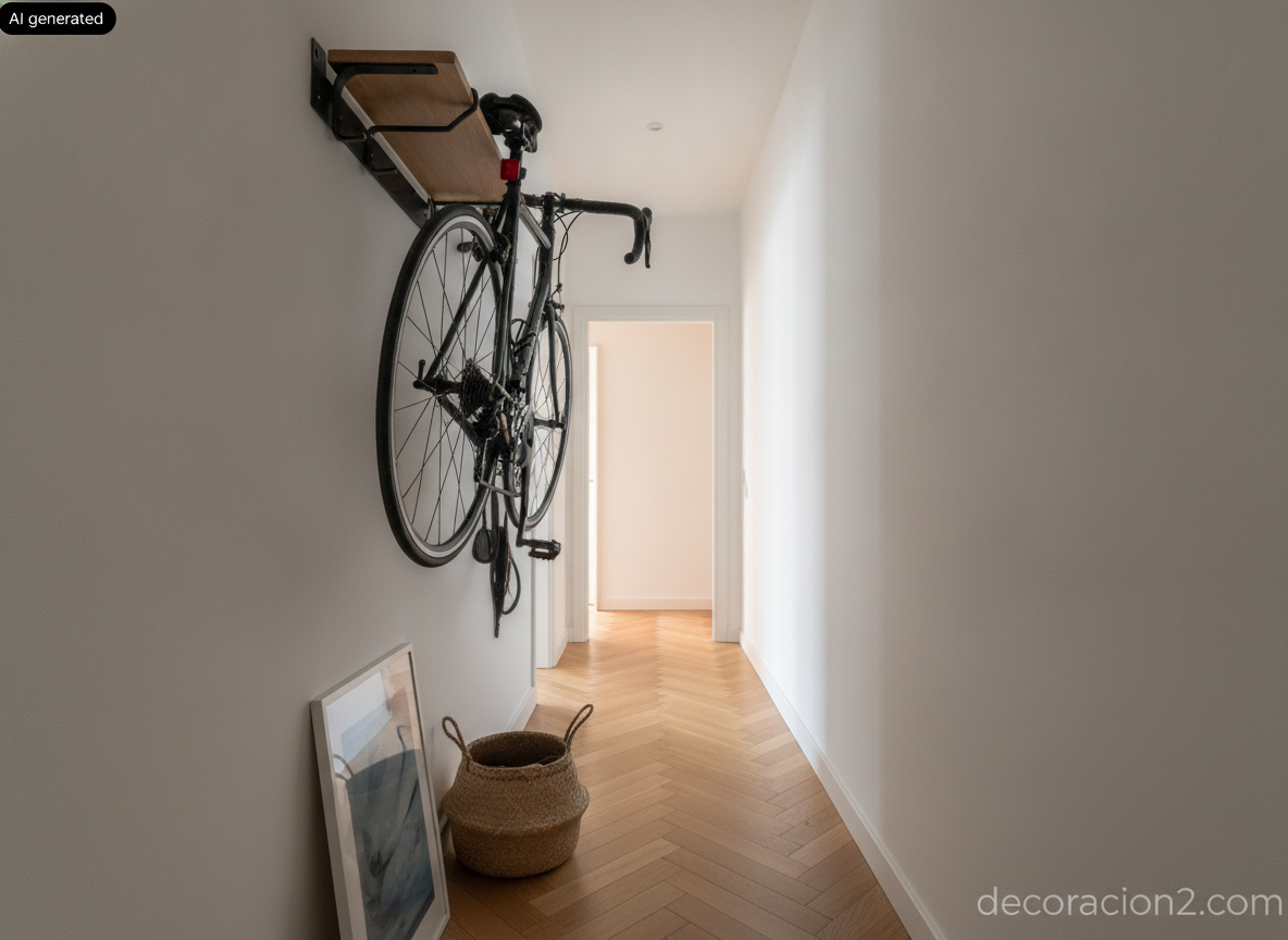 Bicicleta colgada en vertical en un soporte de pared de acero negro y roble en un pasillo estrecho de estilo nórdico