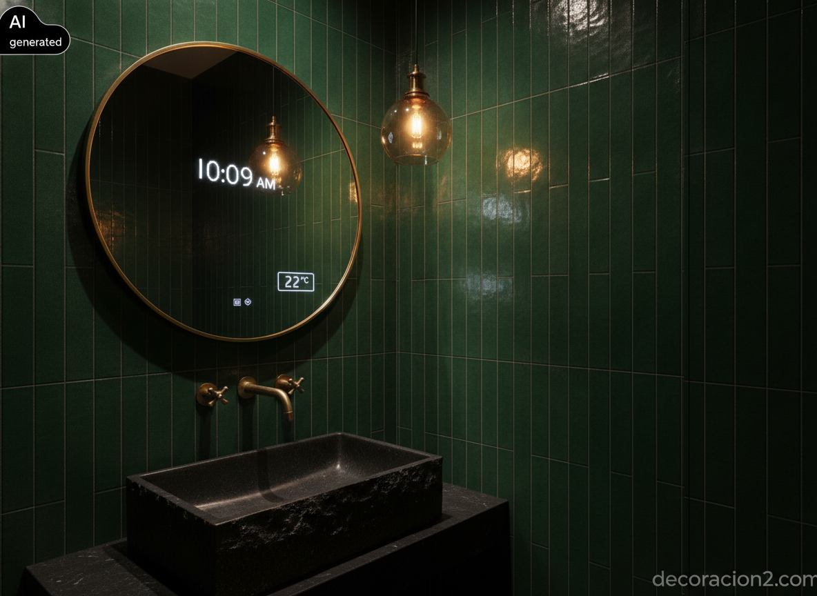 Espejo de baño con televisión: guía 2026 de tipos, medidas, IP y precios reales 8 Espejo redondo inteligente con panel táctil y reloj en un aseo pequeño de azulejos verdes y grifería de latón
