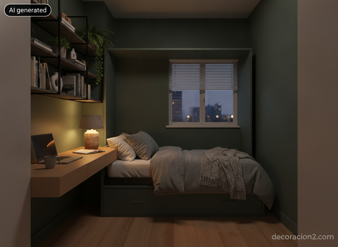 Despacho pequeño con cama abatible horizontal abierta y lista para dormir, paredes verdes y luz cálida de noche