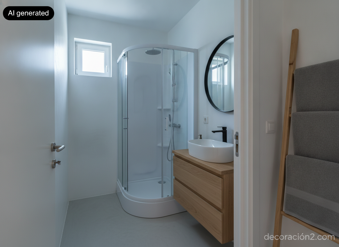 Cabina de ducha de hidromasaje y vapor: cómo montar un spa en casa que funcione de verdad 2 Baño pequeño de estilo nórdico con cabina prefabricada multifunción blanca y mueble de roble