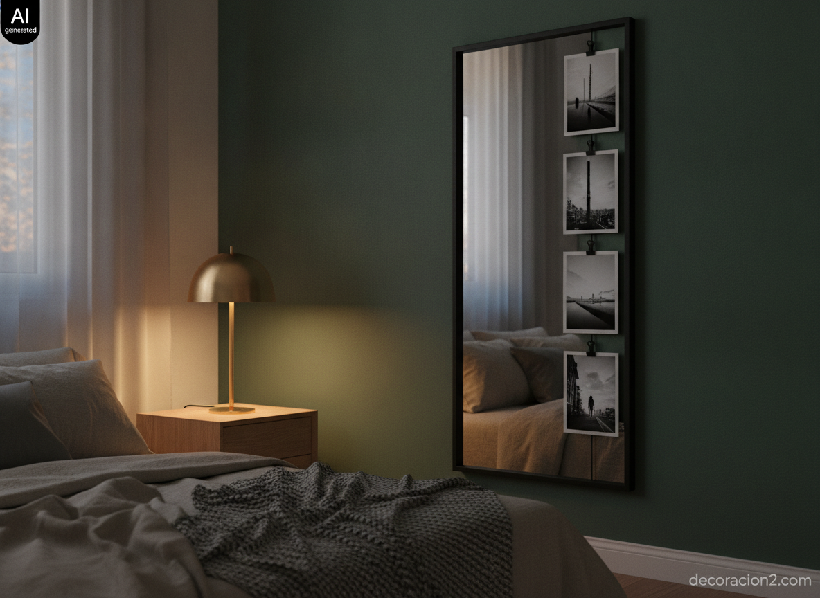 Espejo vertical de aluminio negro con fotografías en blanco y negro en un dormitorio de pared verde iluminado por una lámpara de latón