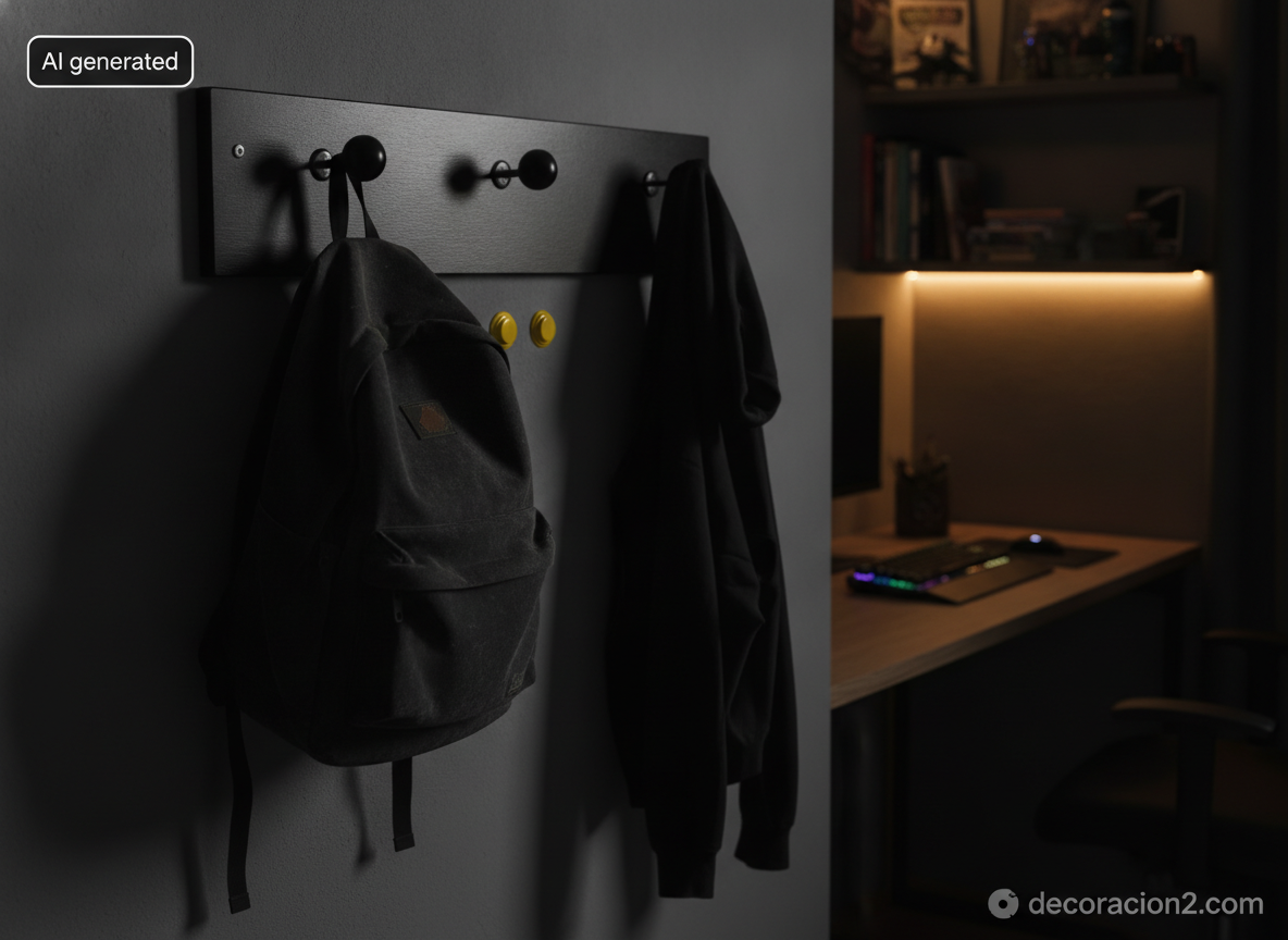 Perchero arcade retro: cómo montar uno con joysticks que aguante abrigos de verdad 4 Panel colgador negro con mandos y botones amarillos de recreativa en un dormitorio juvenil con iluminación cálida nocturna