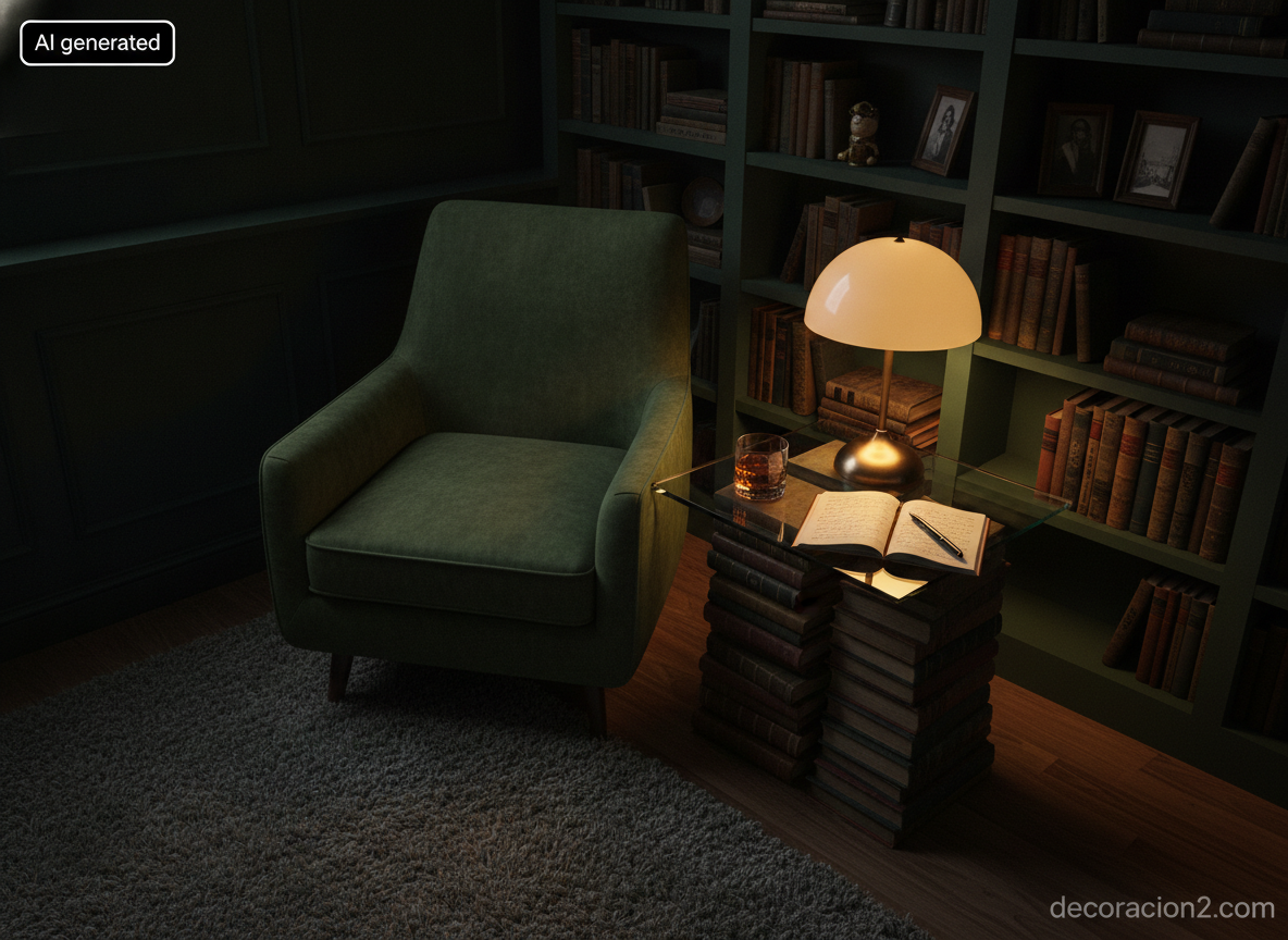 Rincón de lectura nocturno con una mesa cuadrada de cristal sobre dos columnas de libros de arte junto a una butaca verde