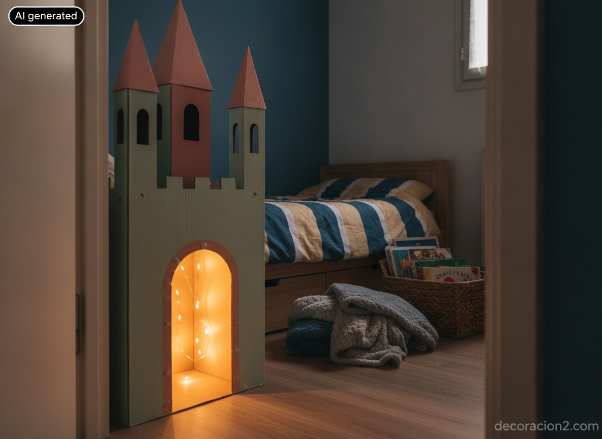 Castillo de cartón pintado en rosa y verde menta en un dormitorio infantil al atardecer con guirnalda de luces LED
