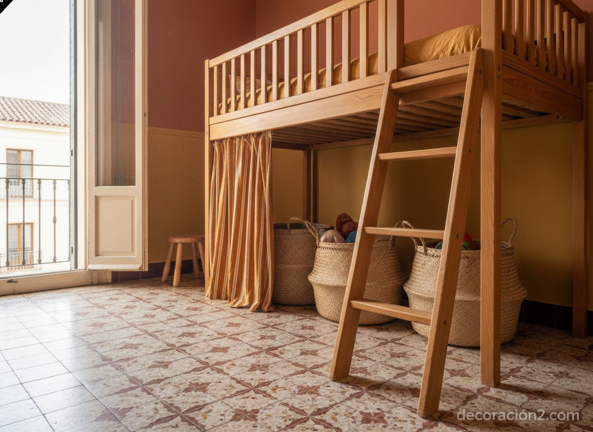 Cama alta de pino en habitación infantil con escalera inclinada y zona de almacenaje con cestas de fibra debajo