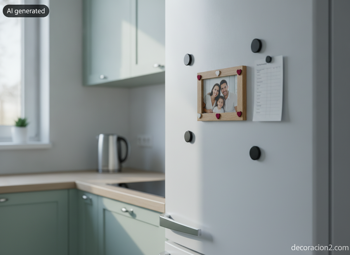 Marco de fotos para San Valentín: DIY con corazones de madera paso a paso 4 Marco imantado con corazones sujeto a la puerta blanca de una nevera en una cocina nórdica luminosa