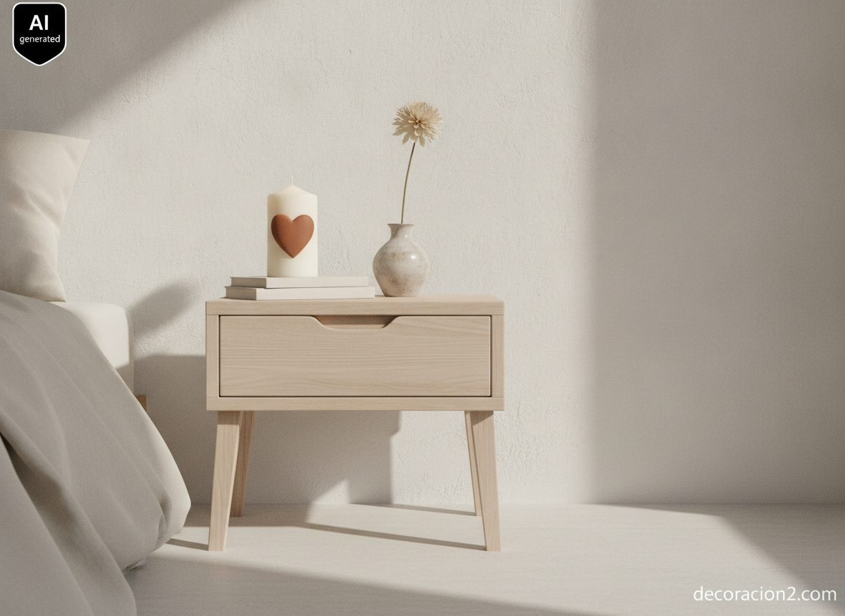 Vela blanca con un gran corazón de cera terracota en la mesilla de un dormitorio nórdico minimalista