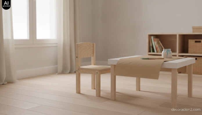 Silla infantil DIY de contrachapado sin pintar en el centro de un dormitorio infantil luminoso con mesa baja y botes de pintura