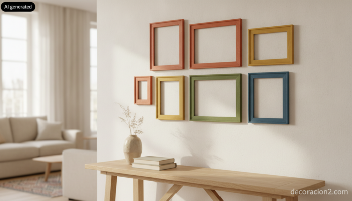 Composición de marcos de madera DIY pintados en colores sobre una pared blanca en un salón luminoso