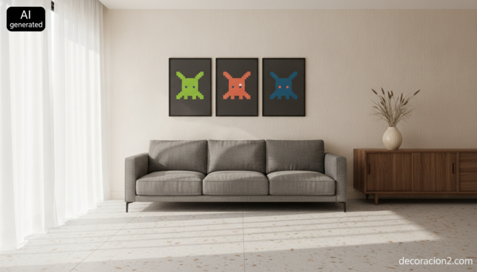 Salón moderno con tres cuadros Space Invaders enmarcados sobre un sofá gris