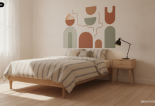 Dormitorio juvenil luminoso con vinilos decorativos para dormitorios juveniles de formas geométricas sobre el cabecero