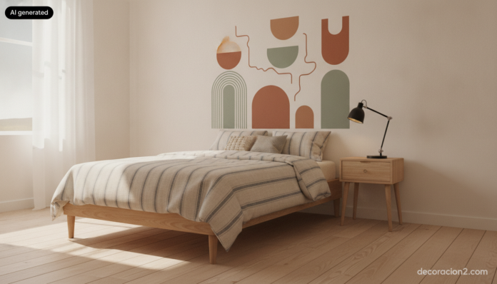 Dormitorio juvenil luminoso con vinilos decorativos para dormitorios juveniles de formas geométricas sobre el cabecero