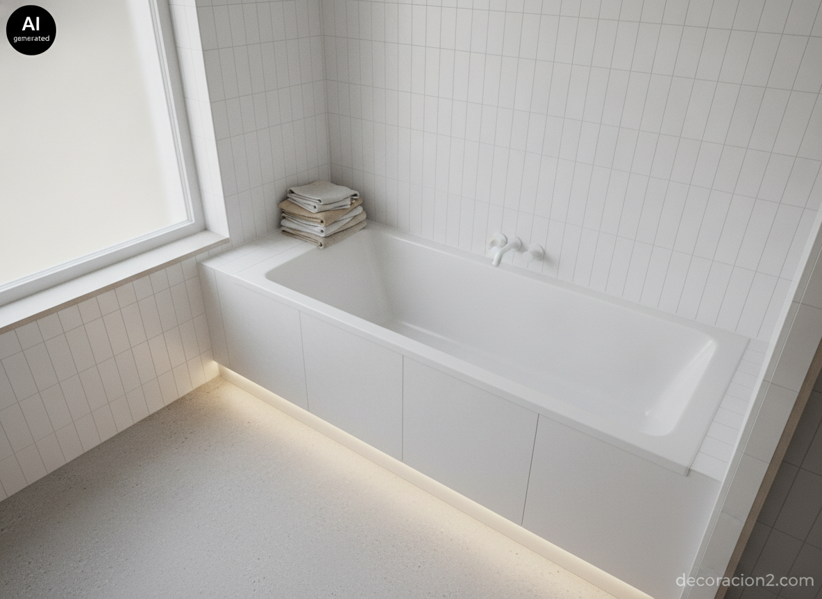Baño pequeño de estilo nórdico con bañera empotrada y tira LED cálida bajo el faldón