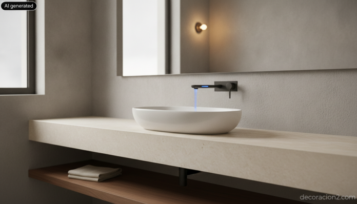 Grifo táctil de color negro mate con iluminación LED azul en un lavabo sobre encimera de travertino