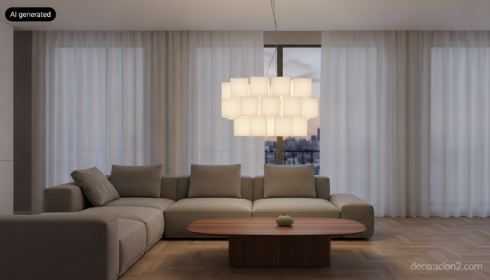 Salón contemporáneo con una lámpara modular de cubos luminosos colgada sobre la mesa de centro