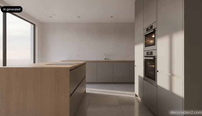 Realistic interior photography of a contemporary Spanish kitchen, wide eye-level shot, tall built-in appliance column on t... Cocina moderna con horno doble instalado en columna de dos alturas junto a la isla