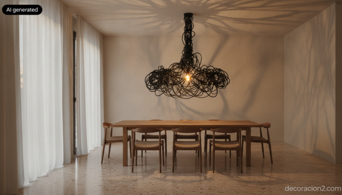 Realistic interior photography of a contemporary Spanish living-dining room at dusk, wide establishing shot, large sculptu... Salón comedor con una de las lámparas escultóricas de cable negro enredado suspendida sobre una mesa de roble