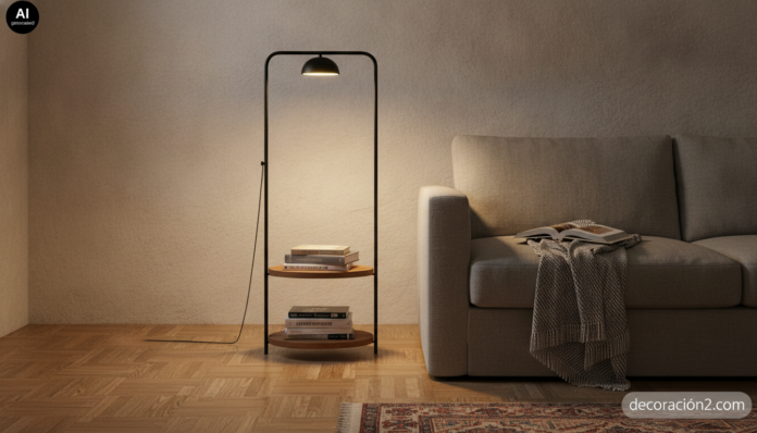 Realistic interior photography of a cosy Spanish living room corner at dusk, a slim black steel floor lamp with an integra... Lámpara estantería para libros de acero negro junto a un sofá de lino gris en un salón iluminado con luz cálida