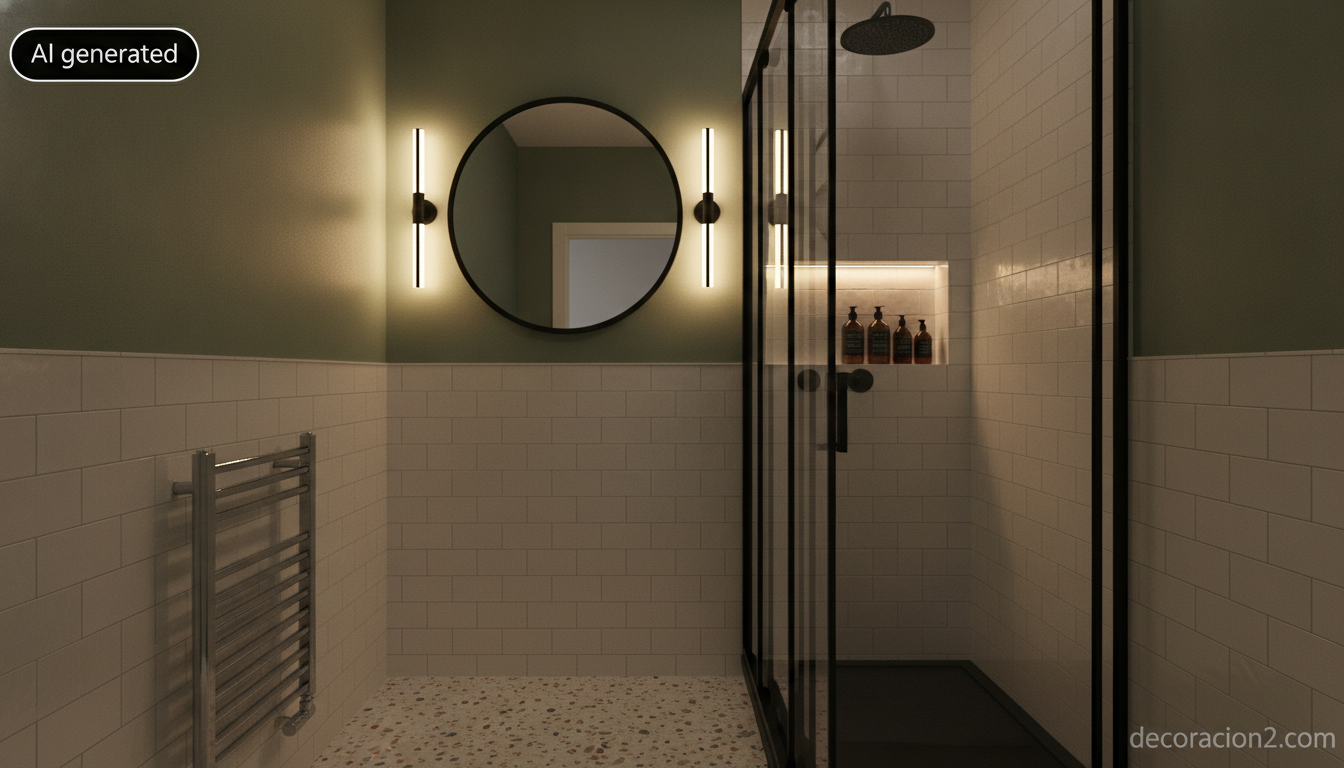 Aseo interior sin ventana decorado en verde salvia con azulejo metro, suelo de terrazo y hornacina en la ducha