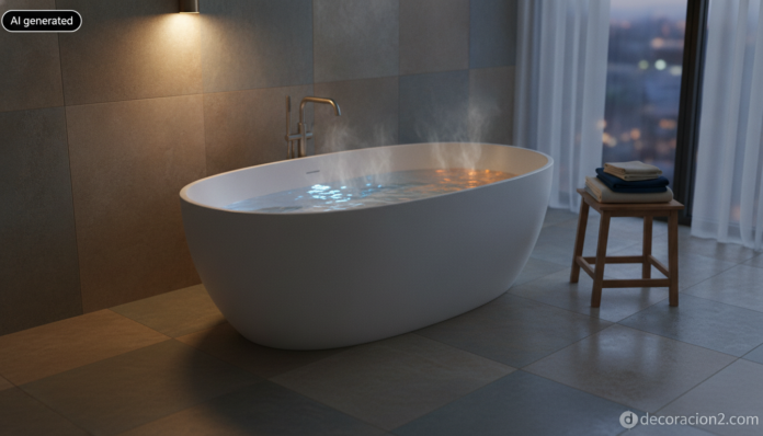 Bañera con luces LED exenta iluminada en azul y ámbar dentro de un baño moderno en penumbra