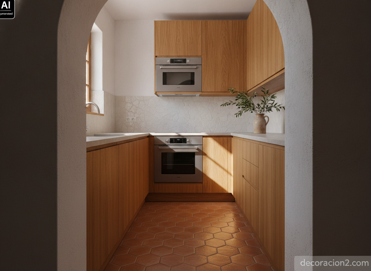 Horno doble en casa: columna, doble cavidad o horno más compacto (guía práctica) 2 Cocina alargada de estilo mediterráneo con horno bajo encimera y compacto de vapor en el mueble alto