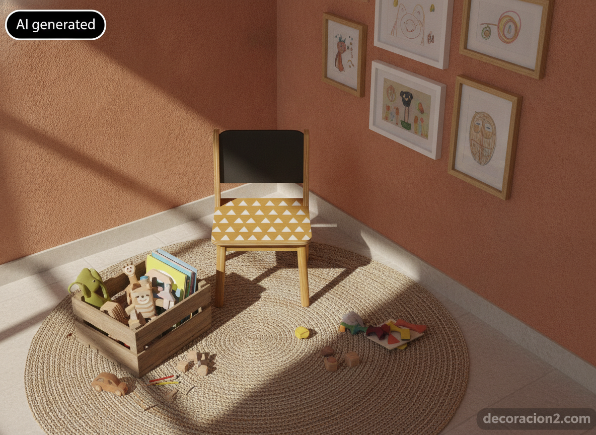 Silla de madera infantil pintada en amarillo mostaza con respaldo de pizarra en el rincón de juegos de una habitación con pared terracota