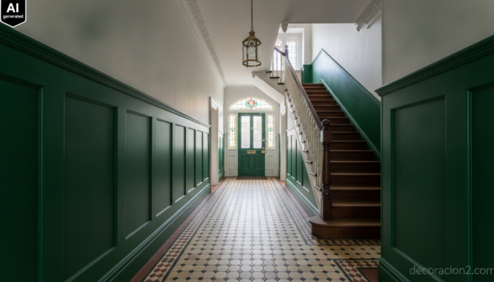 Recibidor de una casa victoriana antes y después de su reforma, con suelo hidráulico geométrico, zócalo verde y escalera de madera restaurada
