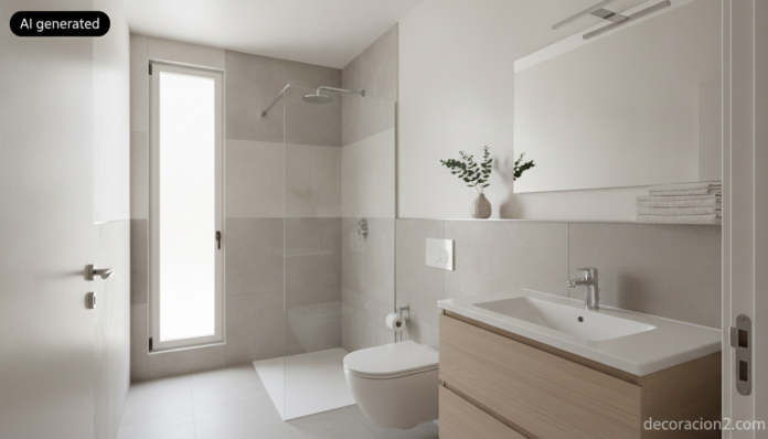 Baño pequeño de 4 m² reformado en blanco con lavabo suspendido, ducha alargada y ventana sin persiana