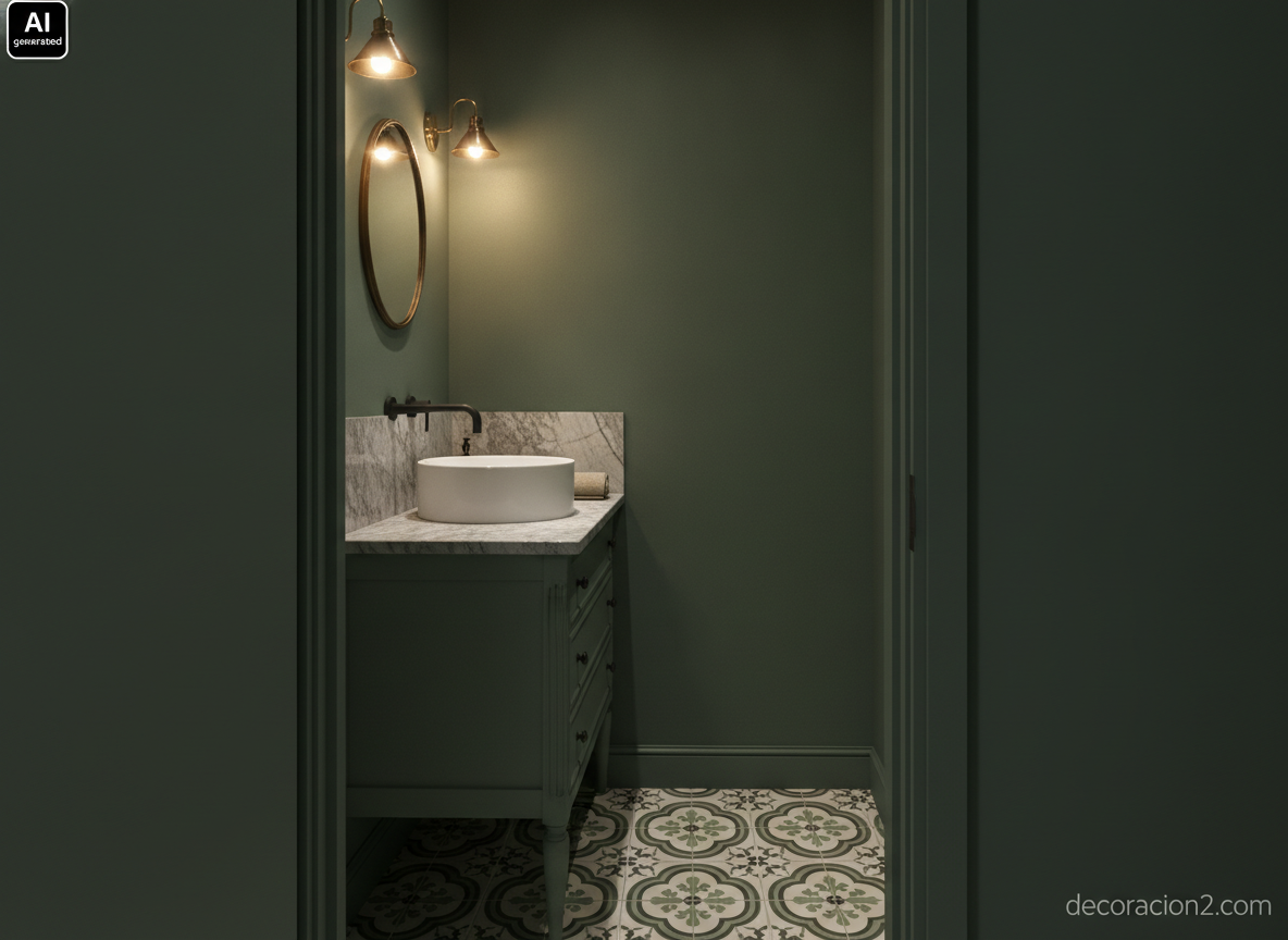 Aseo pequeño con una cómoda antigua reconvertida en mueble de lavabo y pintada en verde salvia