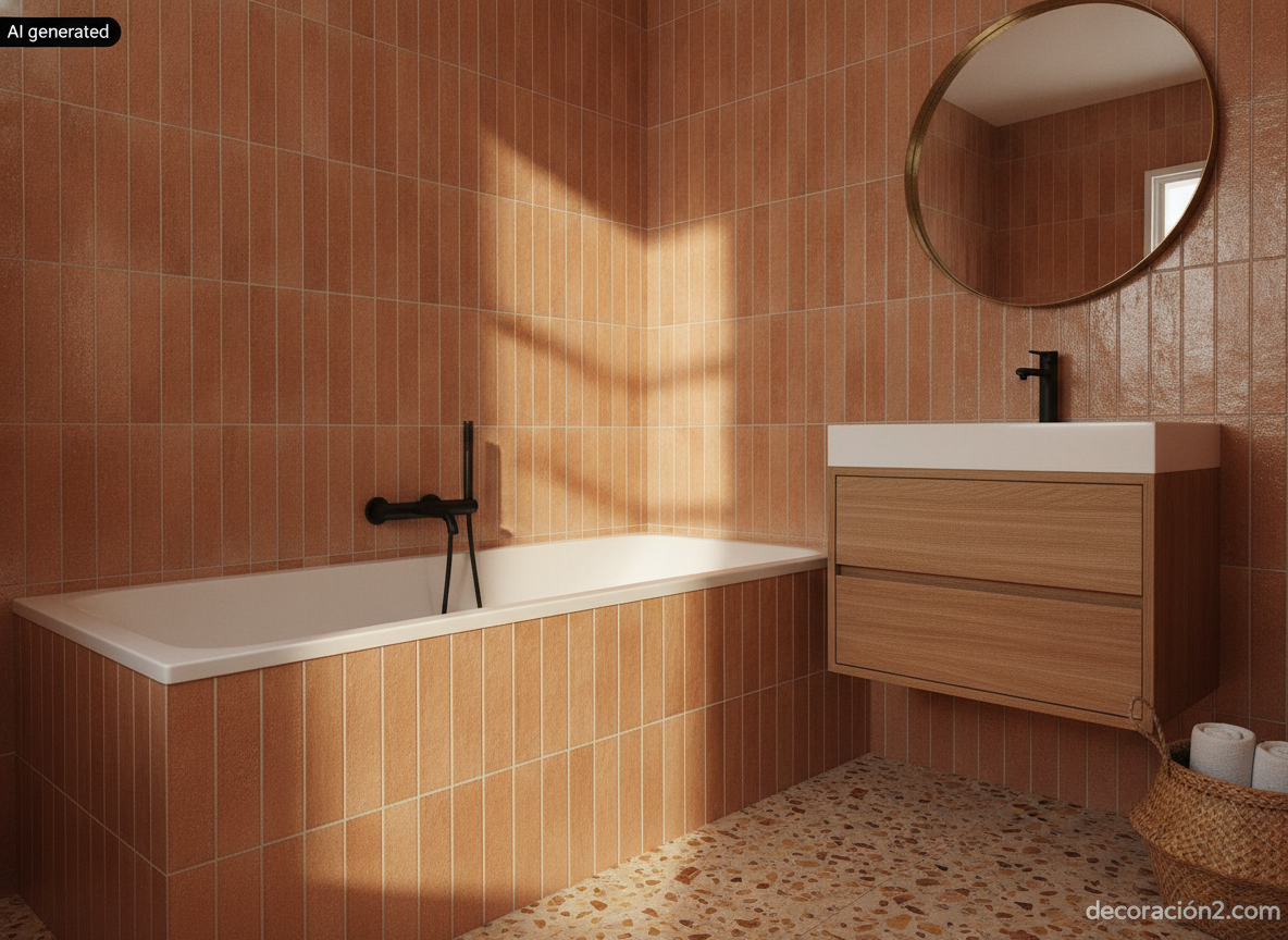 Baño pequeño de estilo retro moderno con bañera empotrada revestida de azulejo terracota y grifería negra