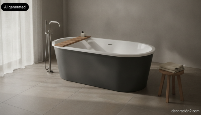 Bañera de acero exenta gris grafito con interior blanco y respaldo de madera en un baño amplio y luminoso