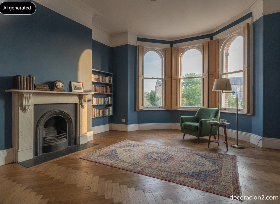Salón con mirador, ventanas de guillotina con contraventanas interiores y chimenea de hierro fundido en una vivienda de estilo victoriano