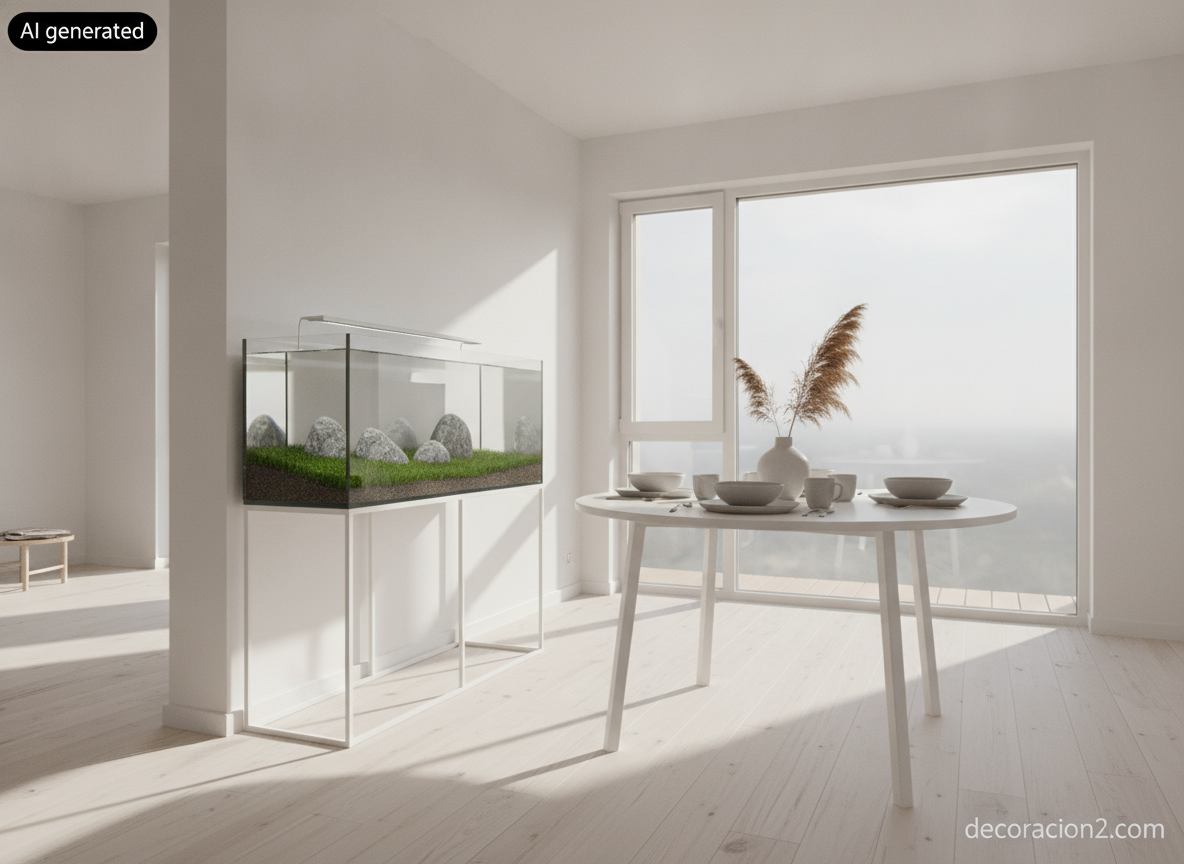 Comedor nórdico con acuario iwagumi minimalista usado como separador de ambientes junto a la mesa