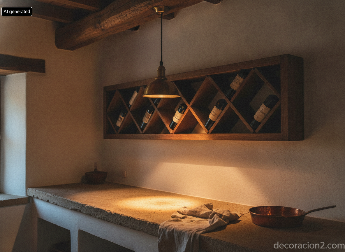Botellero horizontal de roble oscuro con botellas tumbadas en una cocina rústica iluminada por una lámpara de latón
