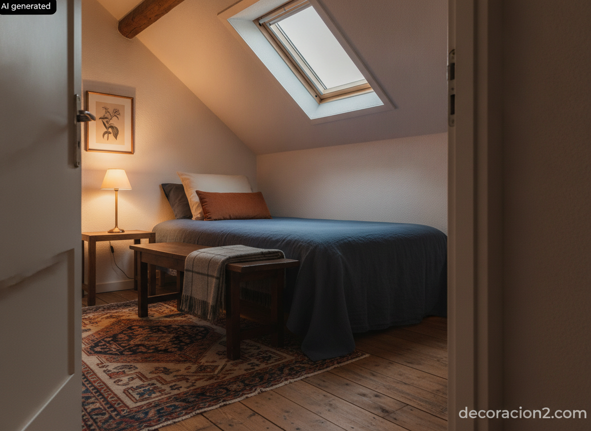 Dormitorio abuhardillado de invitados con ropa de cama azul índigo, cojín lumbar teja y plaid de lana gris