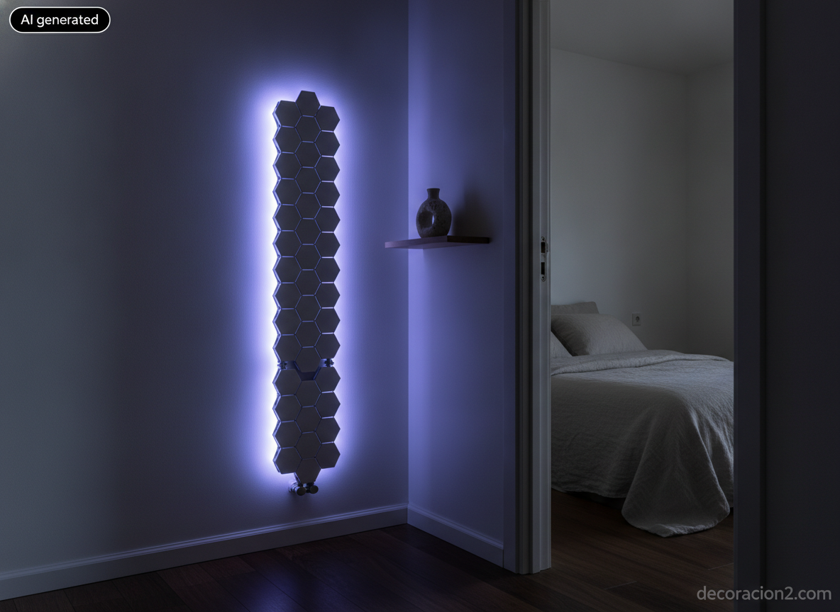 Radiador modular vertical de módulos hexagonales blancos con luz LED azulada en un pasillo de dormitorio de noche