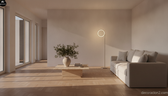 Salón contemporáneo al atardecer con una lámpara de pie con aro luminoso encendida junto a un sofá de lino claro