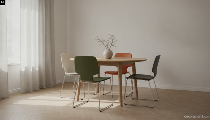 Comedor nórdico con varias sillas 3107 de Arne Jacobsen en distintos colores alrededor de una mesa redonda de roble
